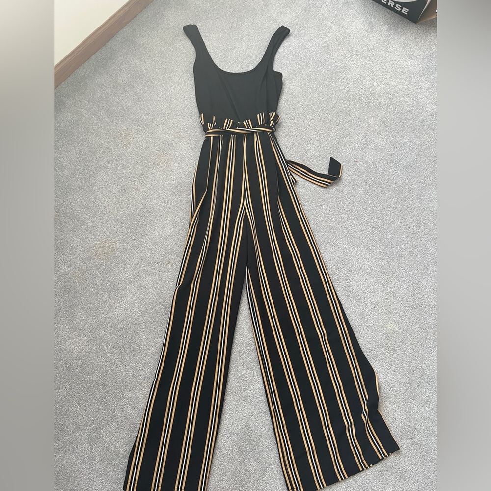 As U Wish Black Jumpsuit with Gold Stripes